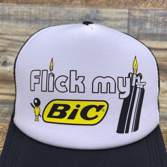 Flick My Bic Unisex Trucker Hat Black Snapback 90s Advertisement Retro Ball Cap - Picture 3 of 8